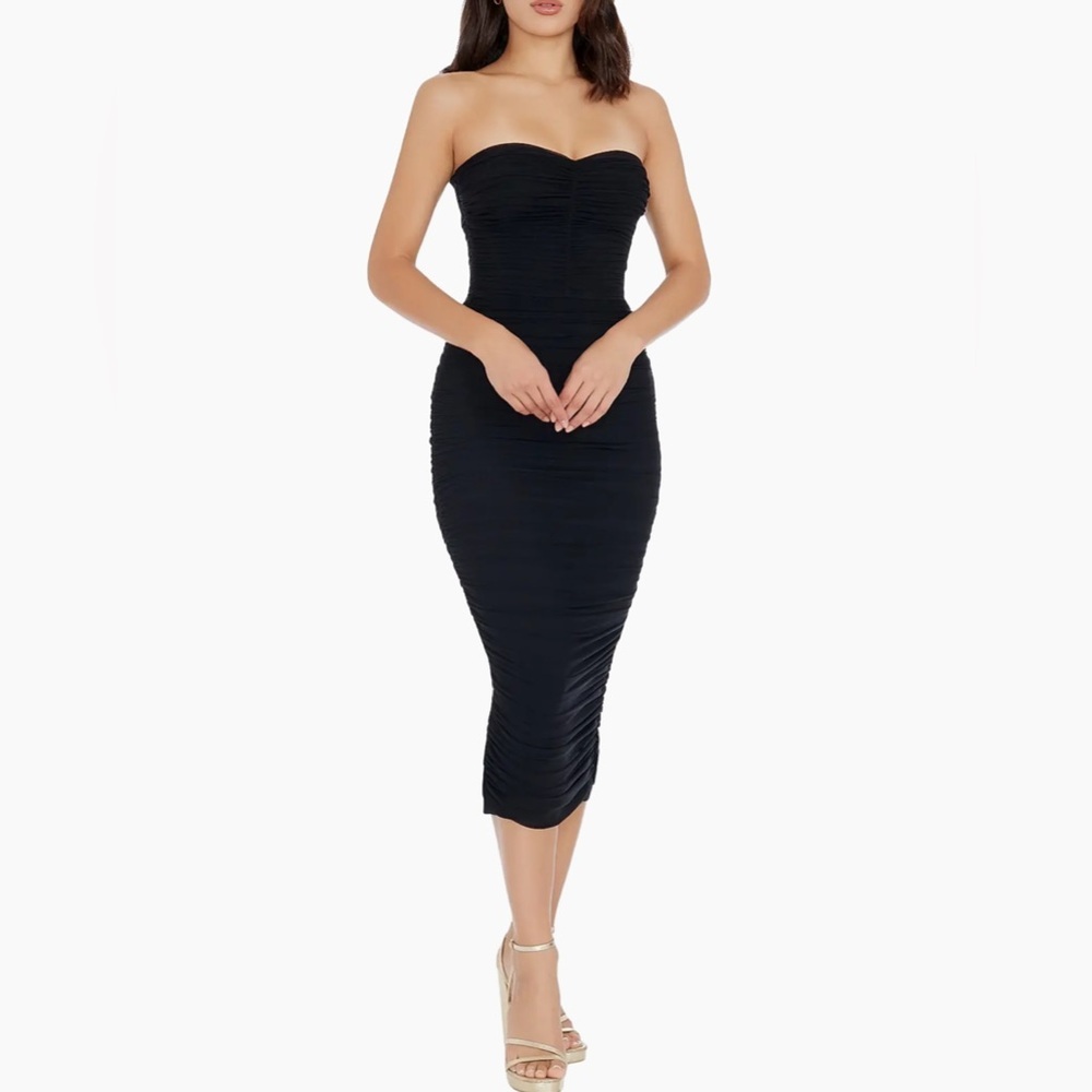 Dress The Population Heather Ruched Strapless Midi-Dress in Black Size XL - Picture 2 of 8